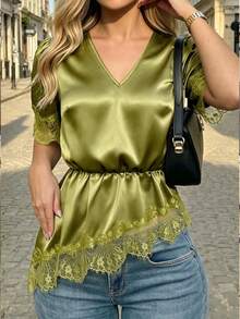 Selianne Women's Spring/Summer Teachers' Day Casual French Elegant V-Neck Contrast Lace Asymmetrical Hem Solid Color Short Sleeve Blouse Work Olive Green - Green - View 3