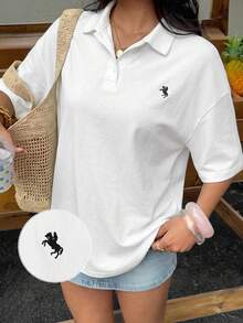 SHEIN EZwear 白色針織女款刺繡短袖T恤 - 白色 - 查看 8
