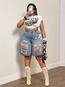 Slaydiva Plus Size Women Summer Cowgirl Style Blue Non-Stretch Distressed Straight Leg Pants - Light Wash - View 7