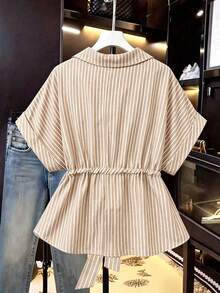 GlowEve CURVE Plus Size Women's New French Elegant Traditional Minimalist Commuter Casual Vacation Lapel Summer Solid Color V-Neck Front Slit Waist Cinched Shirt - Multicolor - View 2