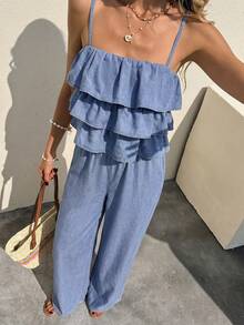 Serisse Damen Sommer Rüschen Träger Denim Jumpsuit Sommer Festival Kostüm Pendeln Urlaub Abschluss Chic Y2K Süß Streetwear Coquette Party Hochzeit Elegant Business Casual Frau Business Strand Abschluss Ausgehen Geburtstag - Blau - Übersicht 6