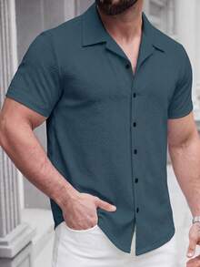SLATEMANN Men's Textured Single-Breasted Casual Versatile Short Sleeve Shirt - Cadet Blue - View 3