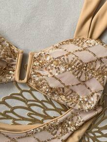 Bonvoyette Women's Summer Beach Sequin Pattern Bikini And Triangle Bottom Two-Piece Swimsuit Set - Apricot - View 8