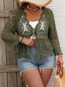 SHEIN VCAY Cárdigan de punto calado para vacaciones talla grande - Verde militar - Ver 1