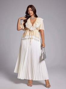 Viva Relle Plus Size Women's Sexy Celestial Elegant Bow Lace Trim Blouse Date Night Brunch Formal Wedding Guest All White Summer - Apricot - View 3