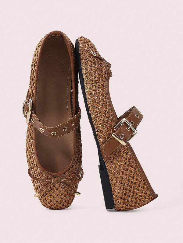 CUCCOO DOLLMOD Spring And Summer Retro Round Head Woven Mary Jane Shoes, Soft-Soled Comfortable Ballet Shoes, Metal Buckle Decorative Flat Heel Shoes, Versatile Fairy Style Women's Shoes
