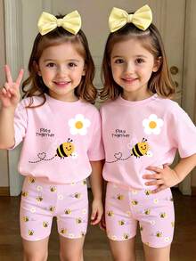 Blind Box Set 1pc Girls Toddler Bee Flower Heart Letter Print Basic Short Sleeve T-Shirt And Cycling Pants - Multicolor - View 3