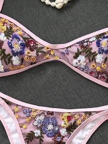 Costavie 夏季海灘女款兩件式套裝 刺繡亮片迷你罩杯雙肩帶上衣比基尼 雙繩泳褲 性感海灘度假泳裝套裝 - 粉色 - 查看 5