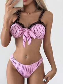 Swim Mod 春夏陽光海灘波點滿版印花女款兩件式泳衣套裝，蝴蝶結細肩帶、抓皺三角泳褲 - 彩色 - 查看 4