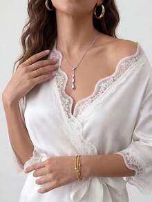 Rafferiza 女士撞色蕾丝边纯色睡袍，奢华家居服，秋冬款 - 白色 - 查看 4