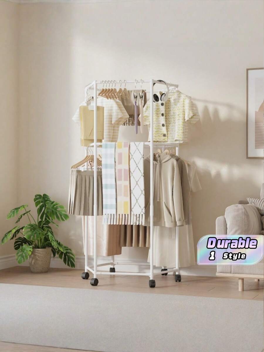 Rak Jemuran Bergerak Berputar Heksagonal - Rak Jemuran Berdiri Bebas dari Logam Kokoh dengan Roda, Cocok untuk Kamar Tidur, Asrama, Apartemen - Rak Jemuran Gantung dan Penyimpanan Pakaian Dalam Ruangan Hemat Ruang, Aksesori Cucian, Desain Bergaya, Struktur Logam Kokoh. - MultiWarna - View 1