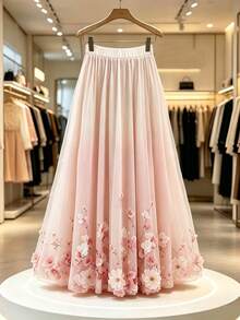 GlowEve CURVE Plus Size Women's French Elegant Gentle Style Floral Gradient Mesh Printed Skirt, Suitable For Travel, Daily Commute, Date Outfits Fall - Pink - View 3