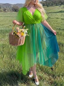 Lyrianda Plus Size Spring/Summer Punk Colorful Gradient Short Sleeve Asymmetrical Hem Dress - Multicolor - View 5