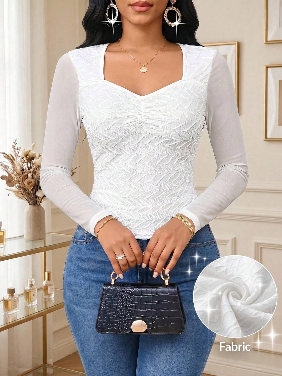 SHEIN Lady 休閒百搭白色紋理拼接T恤 - 白色 - 查看 1