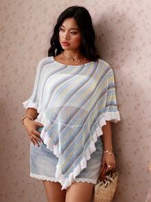 CovetEZ Blue & Yellow Striped Mesh Knit Plus Size Beach Cover-Up, New Spring/Summer - Multicolor - View 6