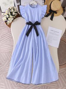 SHEIN Tween Girls Ruffle Collar Flutter Sleeve Detachable Belt Blue And White Striped Craft Jumpsuit Pleated Design Suitable For Daily Elegant Cute Casual - Blue - View 6