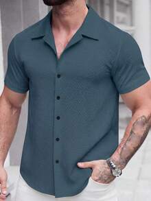 SLATEMANN Men's Textured Single-Breasted Casual Versatile Short Sleeve Shirt - Cadet Blue - View 5