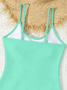 SHEIN Baju Renang Terusan Kasual Lucu Warna Hijau Mint dengan Kerah Bulat Bergaris untuk Remaja Perempuan, Cocok untuk Berenang di Musim Panas - Mint Green - View 4