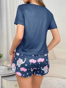SHEIN Cute Elephant Heart 2 Pieces Women's Pajama Set - Multicolor - View 2