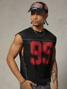 FRESIVO Men's Digital Print Contrast Color Casual Versatile Round Neck Tank Top - Black - View 5