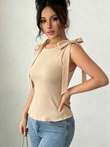 Selianne Áo nữ trơn màu, cổ tròn, không tay, kiểu dáng thường ngày, có nút thắt ở vai. - Màu be - Xem 4