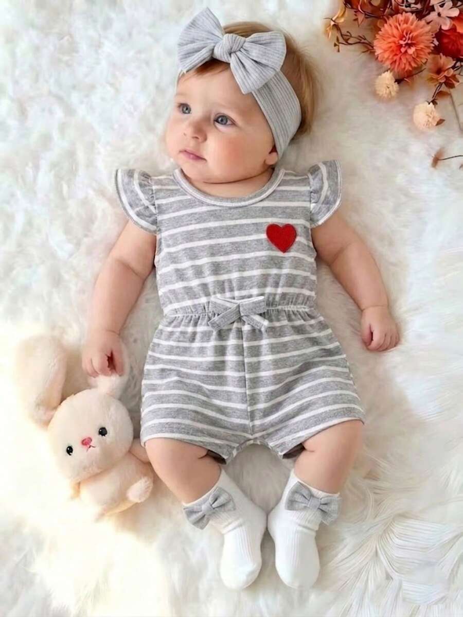 SHEIN Baby Girl Casual Striped Heart Print Romper Spring Summer - Light Grey - View 1