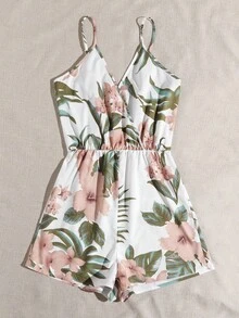 SHEIN VCAY 交叉領花卉吊帶連身短褲 - 彩色 - 查看 3