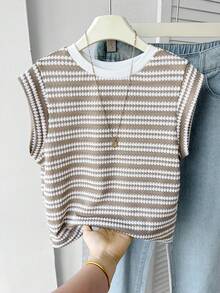 SHEIN Tween Girls Tween Girl Casual Vacation Textured Striped Crew Neck Short Sleeve T-Shirt - Apricot - View 5