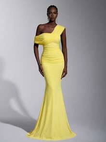 Elitara 2025 New Elegant Yellow Mesh One-Shoulder Ruched Fitted Maxi Dress, Suitable For Weddings, Formal Events, Bridesmaid Dress - Yellow - View 3