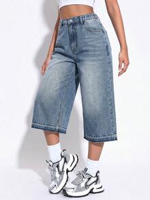 SHEIN 女童Y2K復古水洗寬鬆直筒長版牛仔短褲 夏季開學街頭風 破洞壓褶牛仔短褲 女款夏季寬鬆3/4長度寬腿中長褲 - 中等水洗藍 - 查看 6