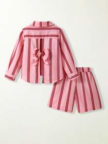 SHEIN Casuvi Kids 2件組少女拼接對比色不對稱領長袖條紋後蝴蝶結裝飾襯衫與拼接條紋長褲，學院休閒風，四季皆宜 - 西瓜粉 - 查看 2