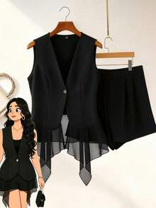 GlowEve CURVE Bộ đồ nữ cỡ lớn mùa xuân/hè gồm áo blazer cổ bẻ không tay dáng suông, chất liệu vải dệt phối lưới, kết hợp với quần short cạp chun, trang phục thường ngày thanh lịch chuyên nghiệp, phù hợp đi biển, nghỉ lễ, màu đen. Bộ 2 món - màu đen - Xem 1