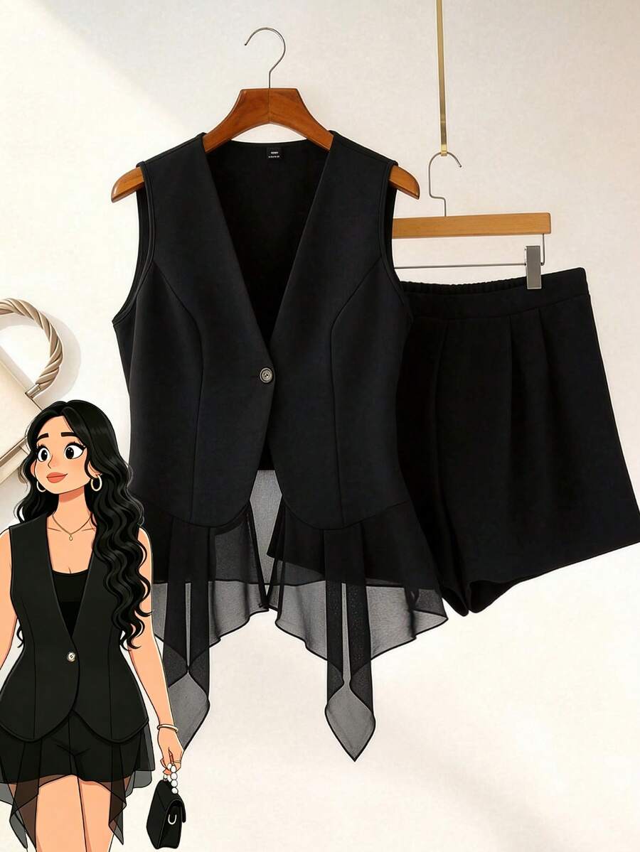 GlowEve CURVE Bộ đồ nữ cỡ lớn mùa xuân/hè gồm áo blazer cổ bẻ không tay dáng suông, chất liệu vải dệt phối lưới, kết hợp với quần short cạp chun, trang phục thường ngày thanh lịch chuyên nghiệp, phù hợp đi biển, nghỉ lễ, màu đen. Bộ 2 món - màu đen - Xem 1