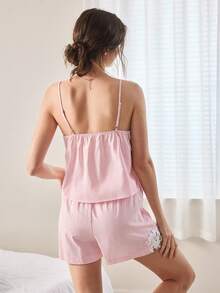 Ocili 100%纯棉提花刺绣柔软舒适吊带睡衣套装（女士款） - 粉色 - 查看 4
