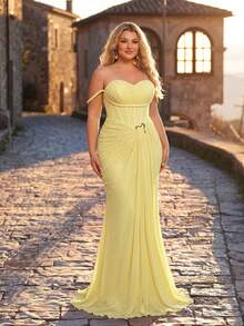 Glamrae Elegant Yellow High-Stretch Mesh Off-Shoulder Rope Asymmetrical Split Metal Decor Fish Tail Summer Formal Evening Heavy-Work Evening Gown For All - Yellow - View 7