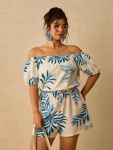SHEIN VCAY Plus Size Striped & Printed Belted Batwing Sleeve Jumpsuit With Front Button - Blue - View 3