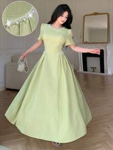 Modelyn Spring/Summer Solid Color Round Neck Short Sleeve Beaded Women's Dress Tea Party Light Green Elegant - Green - View 6