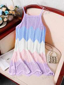 SHEIN Spring/Summer European And American Style Color Block Hollow Out Camisole Dress Cover-Up Versatile Outerwear For Girls And Big Girls - Multicolor - View 2