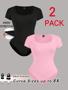 SHEIN CURVE+ 2pcs Plus Size Black & White Short Sleeve Tight Fit Bodysuit - Multicolor - View 8