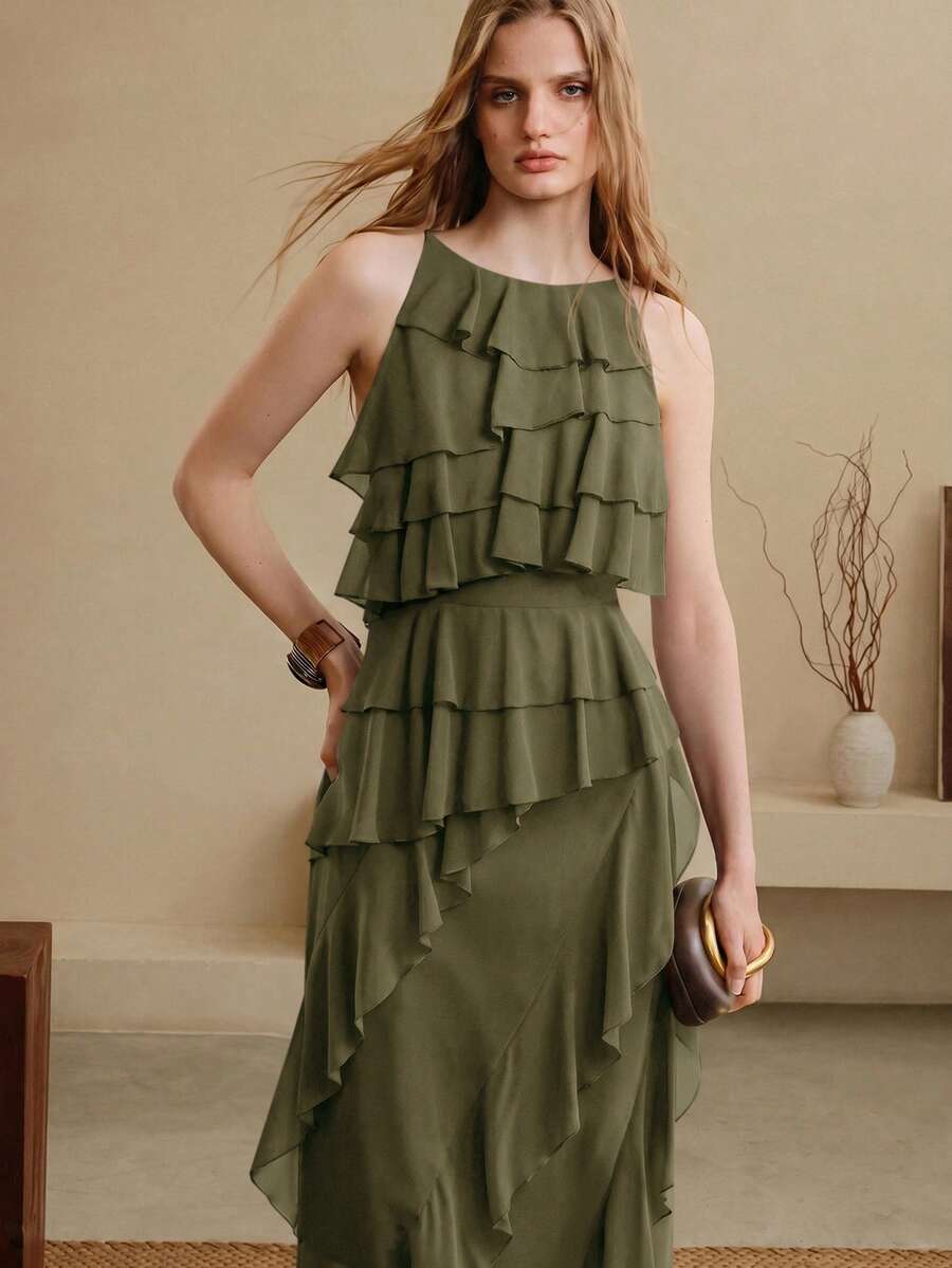 Arave Elegantes langes Damenkleid aus gewebtem Chiffon mit Boot-Ausschnitt, tailliertem Schnitt, Rüschen und Patchwork-Design für Dates - Armeegrün - Übersicht 1