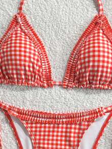 Swim Mod 夏季海灘女款兩件式咖啡棕色格紋印花荷葉邊波浪邊掛脖綁帶上衣搭配側抽繩比基尼泳褲泳裝套裝 - 紅色 - 查看 3