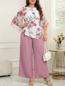 Reflora Conjunto de 2 piezas de top y pantalones con estampado floral elegante talla grande - Multicolor - Ver 7