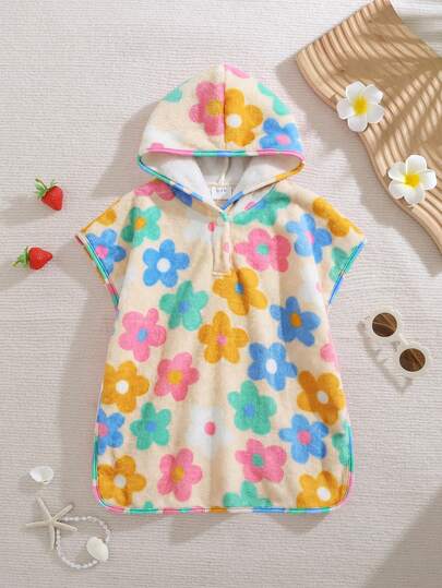 LMoss Kids Baju Renang Bayi Perempuan Motif Bunga Lengan Pendek Berkerudung dengan Resleting Setengah