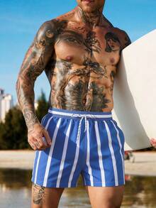 Manfinity KASUA Men's Drawstring Waist Striped Casual Vacation Beach Shorts, Holiday - Blue - View 3