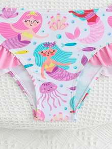 SHEIN Young Girl Beach Vacation Cartoon Mermaid Print Bow Decor Swimsuit Set - Pink - View 4