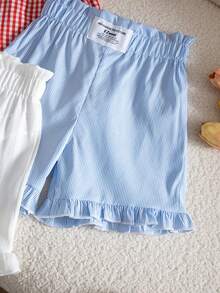 SHEIN Genkimix Kids 3件組女童幼兒韓系簡約英文標語裝飾荷葉邊短褲 紅色格紋、藍色條紋、白色組合 夏季休閒套裝 - 彩色 - 查看 5