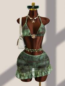Swim Mod Women's Halter Neck Metal Trim, Vintage Gradient Print, Ruffle Asymmetric Pleated Skirt Swimsuit Set, Suitable For Beach Vacation Wear - Multicolor - View 2