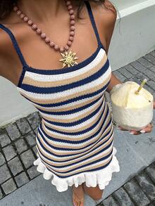 Selianne 女款優雅修身下擺荷葉邊細節春夏季細肩帶針織洋裝 - 白色 - 查看 5