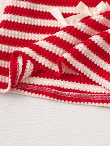 Souflis Souflis Young Girl Striped Textured Fabric Contrast Color 3D Bow Decor Round Neck Tank Top And Casual Shorts Set For Daily Outings - Red - View 6
