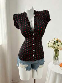Sweetra Plus Size Fashion Versatile Minimalist Polka Dot Design Niche Elegant Sweet Short Sleeve Fitted Blouse - Black - View 4